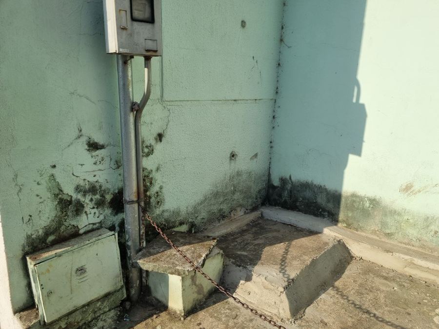 Bolor na base da parede junto ao quadro de medi&ccedil;&atilde;o. Anomalia de baixo custo de corre&ccedil;&atilde;o hoje e de alto custo quando alcan&ccedil;a a instala&ccedil;&atilde;o el&eacute;trica.